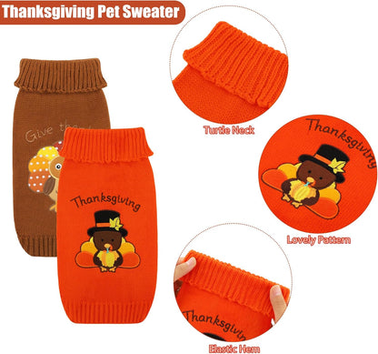 2 Pack Thanksgiving Dog Sweaters Turkey Puppy Dog Clothes Pet Warm Knitwear for Thanksgiving, Holiday, Party Gift, Orange, Brown