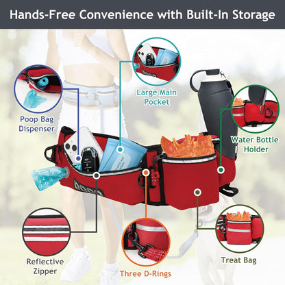 Hands Free Dog Leash (Waist 26”- 48”, Leash- 1”X 5Ft) Waist Belt for Walking, Running, Training & Hiking, Bungee with Dual Handles, Adjustable Fit, Reflective Safety Design for Large Dogs (Black)