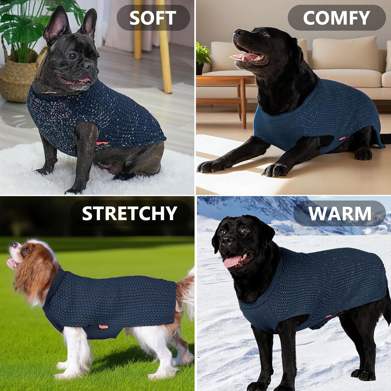 Dog Sweater with Leash Hole Warm Pullover with Reflective Yarn for Small and Medium Dogs Male Soft Knit Pullover Boy Dog Coats Cozy Lightweight Thick Sweater,Navy Blue,Medium