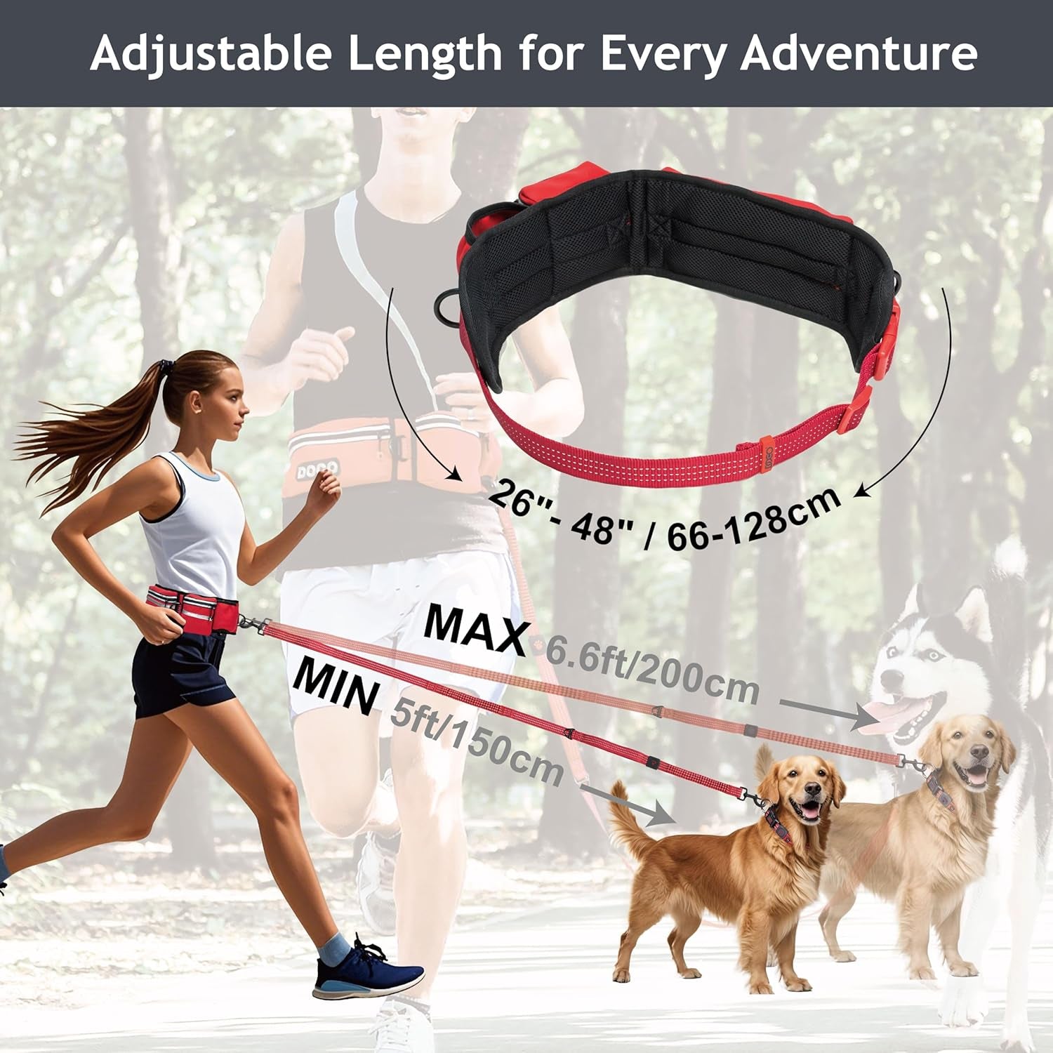 Hands Free Dog Leash (Waist 26”- 48”, Leash- 1”X 5Ft) Waist Belt for Walking, Running, Training & Hiking, Bungee with Dual Handles, Adjustable Fit, Reflective Safety Design for Large Dogs (Black)