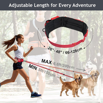 Hands Free Dog Leash (Waist 26”- 48”, Leash- 1”X 5Ft) Waist Belt for Walking, Running, Training & Hiking, Bungee with Dual Handles, Adjustable Fit, Reflective Safety Design for Large Dogs (Black)